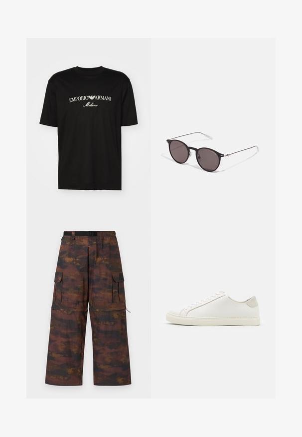 Zwarte katoenen T-shirt met een ronde halslijn, korte mouwen en het "EMPORIO ARMANI" logo in het wit boven "Milano" in een gebogen ontwerp.; Cargobroeken in een bruine, gebreide stof met een vervaagd, abstract patroon. Kenmerken zijn wijde benen, een elastische tailleband en meerdere zakken.; Witte leren sneaker met een gladde oppervlakte, ronde neus en minimalistisch ontwerp. Heeft beige accenten op de hiel en een rubberen zool.; Zwarte ronde zonnebril met donkere lenzen en slanke metalen armen. Inclusief heldere tempelpunten en zilveren accenten bij de scharnier. Minimalistisch ontwerp.