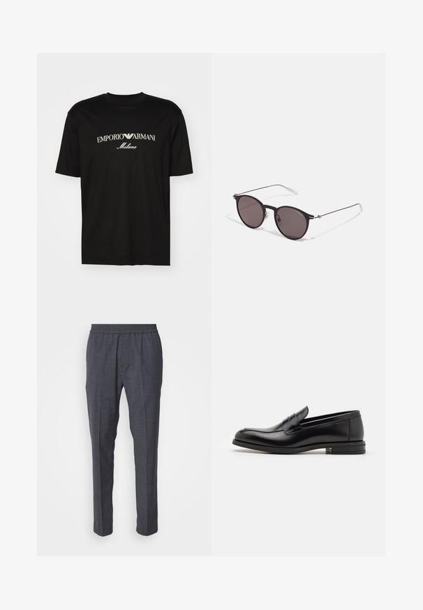 T-shirt en coton noir avec un col rond, des manches courtes et le logo "EMPORIO ARMANI" en blanc au-dessus de "Milano" dans un design incurvé.; Iceberg PANTALONE - Pantalon classique - piombo; Mocassins en cuir noir avec une texture lisse, bout rond et une sangle décorative sur le dessus. Talon bas empilé, design minimaliste.; Lunettes de soleil noires rondes avec verres sombres et branches en métal fines. Comprend des embouts transparents et des accents argentés au niveau de la charnière. Design minimaliste.