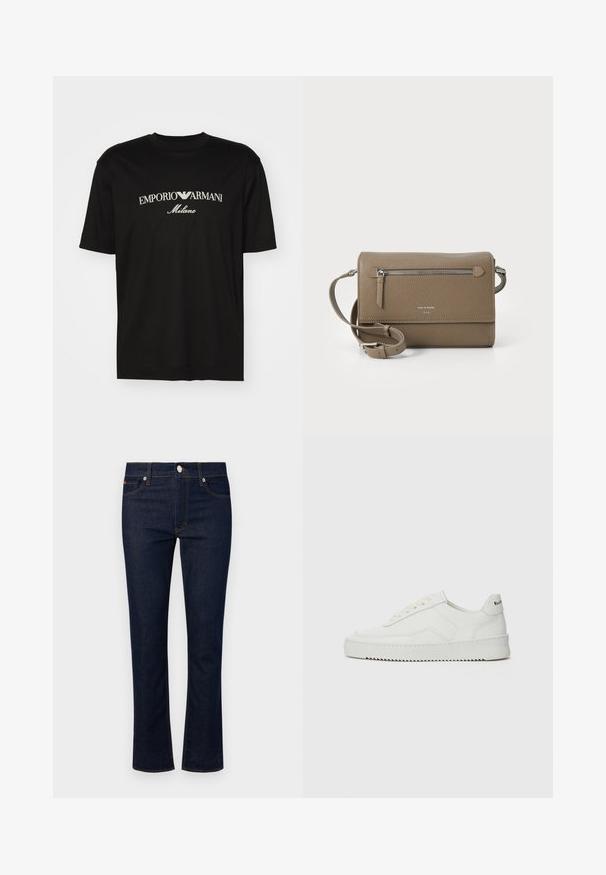 Juodas medvilninis marškinėliai su apvaliu iškirpu, trumpomis rankovėmis ir baltu "EMPORIO ARMANI" logotipu virš "Milano" kreivame dizaino.; Džinsai su tamsiai mėlynu atspalviu, tiesiu kojų dizainu, penkiais kišenėmis ir kontrastine siūle. Turi priekinį mygtuką.; Balti odiniai sportiniai bateliai su lygia apdaila, apvaliu pirštu, plokščiais raišteliais ir tekstūruotu padu. Pasižymi subtiliu logotipu ant kulno.; Kakavinės odos per petį maišas su užtrauktuku priekinėje kišenėje, reguliuojama dirželiu, akmens tekstūra ir iškilniu logotipu priekyje.