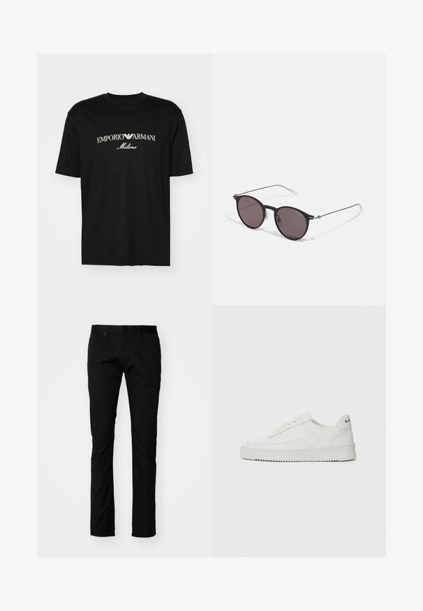 Camiseta de algodón negra con cuello redondo, mangas cortas y el logo de "EMPORIO ARMANI" en blanco sobre "Milano" en un diseño curvado.; Pantalones negros ajustados de tejido suave, con un diseño clásico de cinco bolsillos, cierre de botón y detalles de costura sutiles.; Zapatilla de cuero blanca con un acabado suave, puntera redonda, cordones planos y suela texturizada. Cuenta con un sutil logo en el talón.; Gafas de sol redondas negras con lentes oscuros y brazos metálicos delgados. Incluye puntas de varilla transparentes y acentos plateados en la bisagra. Diseño minimalista.