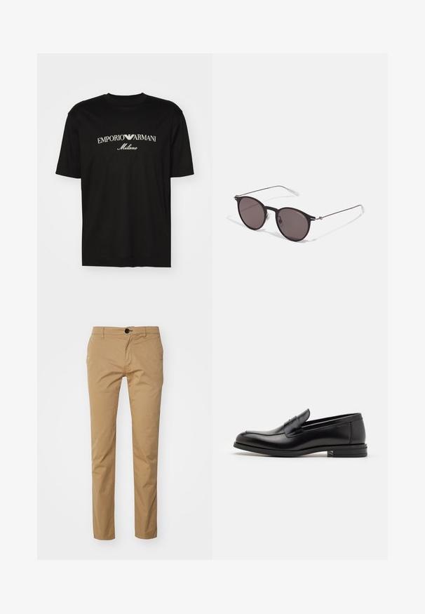 Musta puuvillapaita, jossa on pyöreä kaula-aukko, lyhyet hihat ja valkoinen "EMPORIO ARMANI" -logo, jonka yläpuolella on kaarevassa muodossa "Milano".; Beige puuvillahousut kapealla mitoituksella, joissa on yksi nappi kiinnitys, etutaskut ja sileä pinta. Tasapintainen muotoilu.; Mustat nahkakengät, joissa on sileä pinta, pyöreä kärki ja koristeellinen nauha jalkapöydän yli. Matala pinoitu koroke, minimalistinen muotoilu.; Musta pyöreä aurinkolasit tummilla linsseillä ja kapeilla metallikehyksillä. Sisältää kirkkaat temppelet ja hopeiset yksityiskohdat saranassa. Minimalistinen muotoilu.