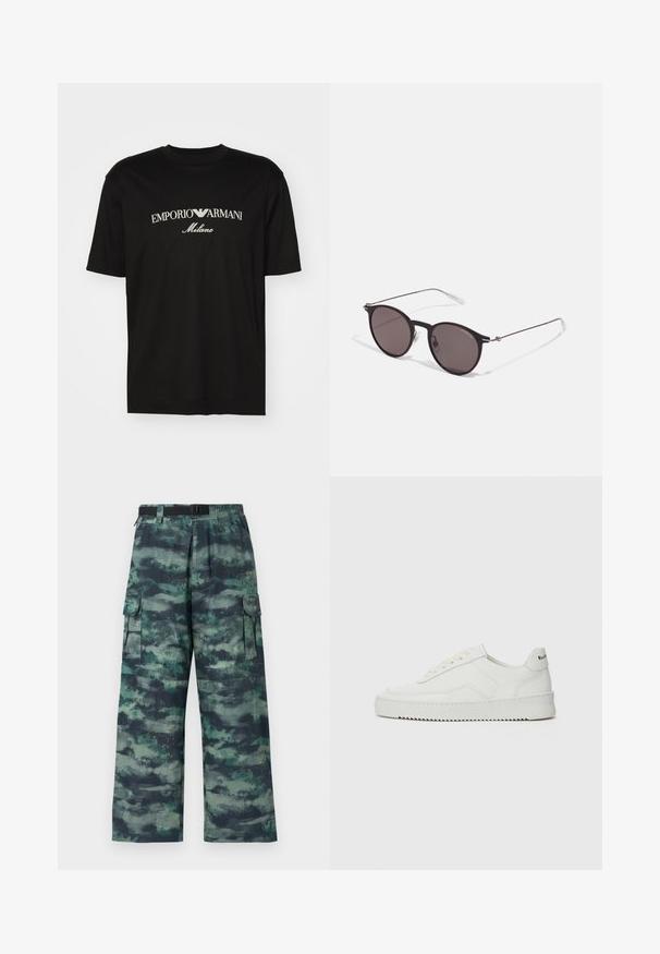 Svart bomulls T-skjorte med rund hals, korte ermer og "EMPORIO ARMANI" logo i hvitt over "Milano" i en buet design.; Cargo bukser i et camouflage mønster med mørkegrønne, teal og sorte nuancer. Bred ben design med sidelommer og bælte i taljen.; Hvite lærersneakers med en jevn overflate, rund tå, flate lisser og en teksturert såle. Har en subtil logo på hælen.; Sorte, runde solbriller med mørke linser og slanke metalarmer. Inkluderer klare temple tips og sølvfargede detaljer ved hengslet. Minimalistisk design.