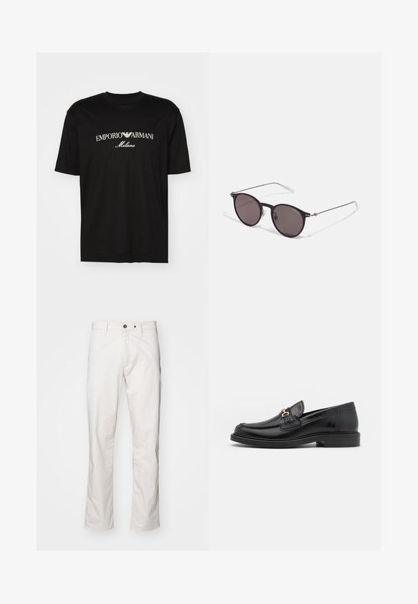 T-shirt en coton noir avec un col rond, des manches courtes et le logo "EMPORIO ARMANI" en blanc au-dessus de "Milano" dans un design incurvé.; Pantalons en coton blancs avec une coupe droite, comportant deux poches avant et deux poches arrière, fermeture à bouton et détails de couture minimaux.; Mocassins en cuir noir avec un embout rond, présentant des accents en métal doré et des détails de couture, montés sur une semelle en caoutchouc texturé et basse.; Lunettes de soleil noires rondes avec verres sombres et branches en métal fines. Comprend des embouts transparents et des accents argentés au niveau de la charnière. Design minimaliste.