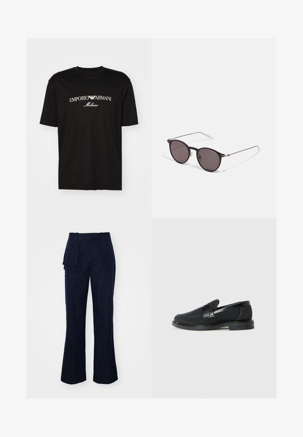 T-shirt en coton noir avec un col rond, des manches courtes et le logo "EMPORIO ARMANI" en blanc au-dessus de "Milano" dans un design incurvé.; Pantalons cargo bleu marine avec une coupe droite, dotés de plusieurs grandes poches, d'une taille plate et d'un tissu lisse et texturé.; Chaussure slip-on tissée noire avec un accent en cuir lisse sur le dessus, un design à bout rond et une semelle en caoutchouc à profil bas.; Lunettes de soleil noires rondes avec verres sombres et branches en métal fines. Comprend des embouts transparents et des accents argentés au niveau de la charnière. Design minimaliste.