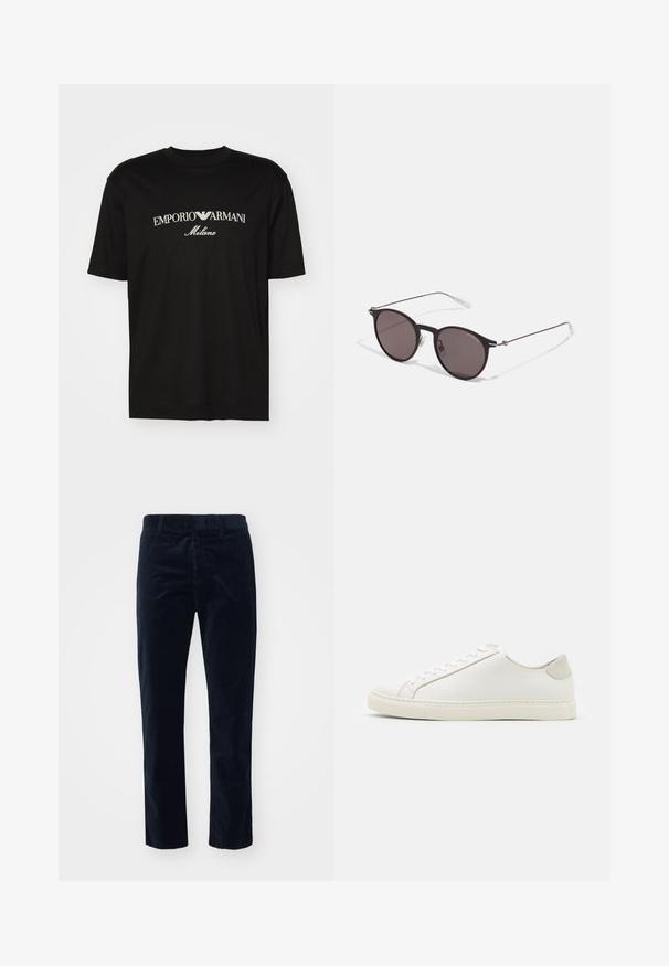 Black cotton T-shirt featuring a round neckline, short sleeves, and "EMPORIO ARMANI" logo in white above "Milano" in a curved design.; Navy corduroy pants with a straight leg design, featuring a textured surface and a standard waistband for a secure fit.; White leather sneaker with a smooth surface, round toe, and minimalistic design. Features beige accents on the heel and a rubber sole.; Black round sunglasses with dark lenses and slim metal arms. Includes clear temple tips and silver accents at the hinge. Minimalist design.