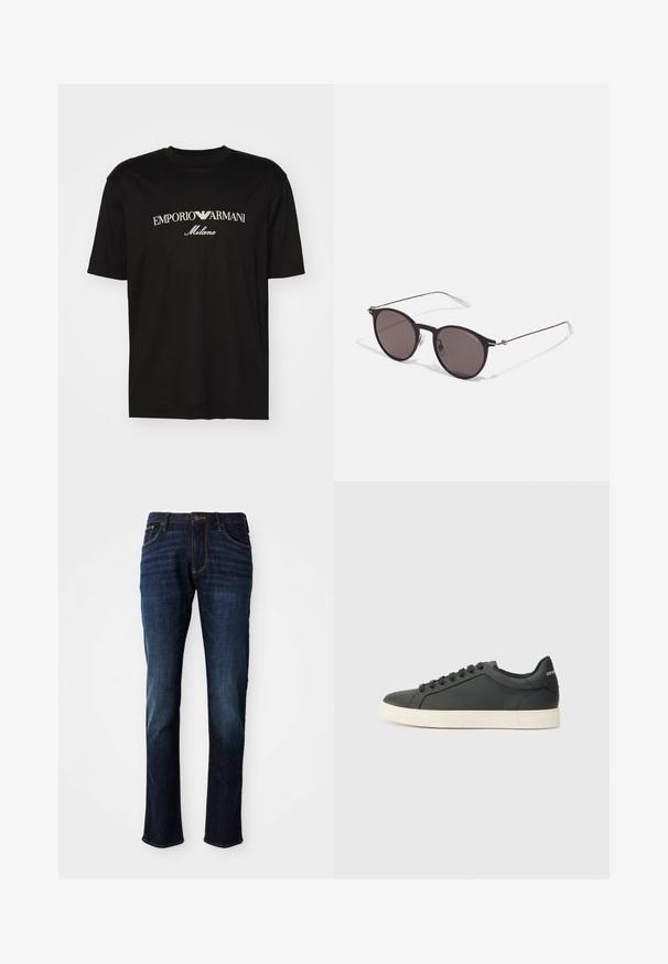 T-shirt de algodão preta com gola redonda, mangas curtas e o logo "EMPORIO ARMANI" em branco acima de "Milano" num design curvo.; Jeans de ganga azul escuro, com um corte slim, apresentando pernas retas, desbotado sutil e costura amarela ao longo dos bolsos e costuras.; Sapatilha de couro preto com perfil baixo, bico arredondado e fecho de atacadores; apresenta uma sola de borracha texturizada e detalhe do logotipo no calcanhar.; Óculos de sol redondos pretos com lentes escuras e hastes metálicas finas. Inclui pontas de templo transparentes e detalhes em prata na dobradiça. Design minimalista.