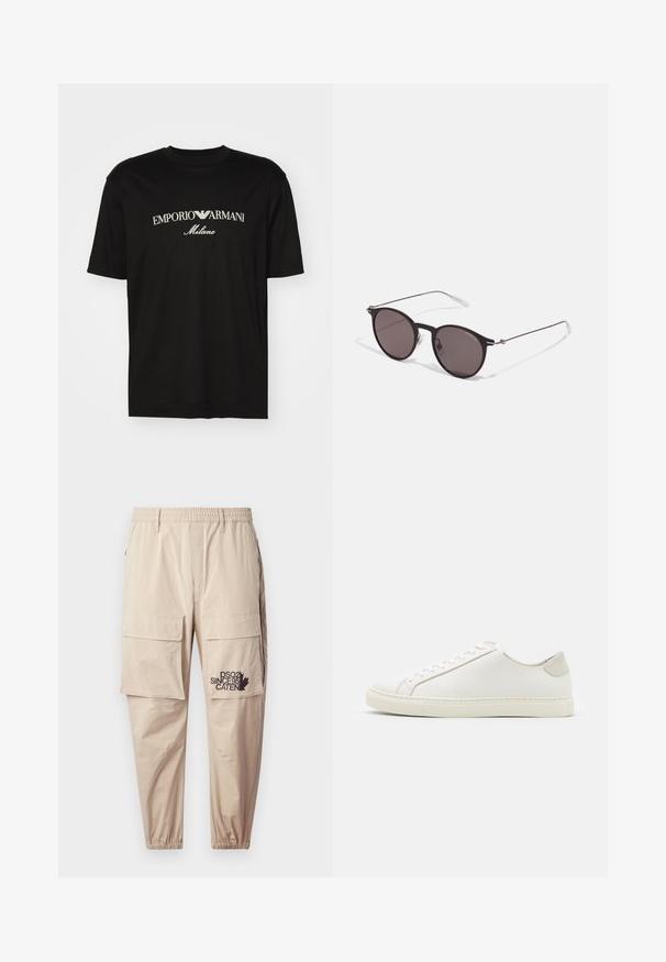 T-shirt en coton noir avec un col rond, des manches courtes et le logo "EMPORIO ARMANI" en blanc au-dessus de "Milano" dans un design incurvé.; Pantalons cargo beiges en tissu léger, avec une taille élastique, des poches zippées et un logo imprimé sur la jambe gauche.; Baskets en cuir blanc avec une surface lisse, bout rond et design minimaliste. Présentent des accents beiges sur le talon et une semelle en caoutchouc.; Lunettes de soleil noires rondes avec verres sombres et branches en métal fines. Comprend des embouts transparents et des accents argentés au niveau de la charnière. Design minimaliste.