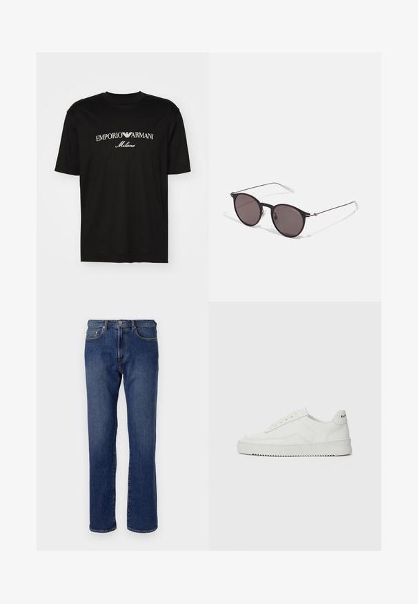 T-shirt en coton noir avec un col rond, des manches courtes et le logo "EMPORIO ARMANI" en blanc au-dessus de "Milano" dans un design incurvé.; Jean en denim bleu avec une coupe droite, cinq poches, une fermeture éclair et un bouton en métal. Légère décoloration sur le tissu.; Baskets en cuir blanc avec une finition lisse, bout arrondi, lacets plats et semelle texturée. Présente un logo discret sur le talon.; Lunettes de soleil noires rondes avec verres sombres et branches en métal fines. Comprend des embouts transparents et des accents argentés au niveau de la charnière. Design minimaliste.