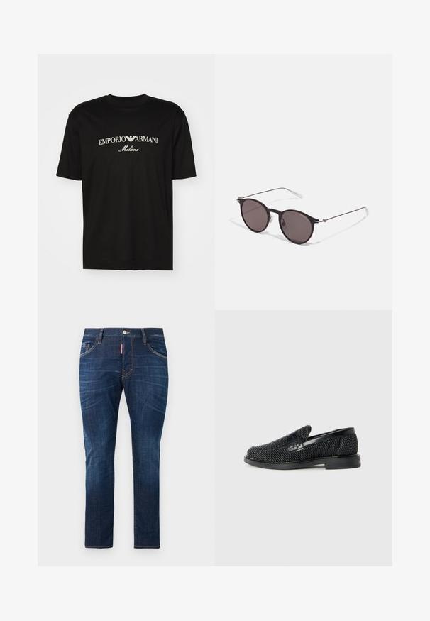 Černé bavlněné tričko s kulatým výstřihem, krátkými rukávy a logem "EMPORIO ARMANI" v bílém nad nápisem "Milano" v zakřiveném provedení.; Tmavě modré džíny s úzkým střihem, klasickým pětikapsovým designem, kontrastním žlutým prošíváním a kovovým zapínáním na knoflík.; Černé pletené nazouvací boty s hladkým koženým akcentem na svršku, kulatou špičkou a nízkoprofilovou gumovou podrážkou.; Černé kulaté sluneční brýle s tmavými skly a tenkými kovovými nohami. Obsahují průhledné koncovky nožiček a stříbrné akcenty na pantu. Minimalistický design.