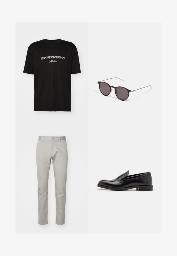 Camiseta de algodón negra con cuello redondo, mangas cortas y el logo de "EMPORIO ARMANI" en blanco sobre "Milano" en un diseño curvado.; Pantalones de algodón gris claro con un diseño de pierna recta, frente plano y sin bolsillos ni adornos visibles. Textura suave, acabado liso.; Mocasines de cuero negro con una textura suave, puntera redondeada y una tira decorativa en el empeine. Tacón bajo apilado, diseño minimalista.; Gafas de sol redondas negras con lentes oscuros y brazos metálicos delgados. Incluye puntas de varilla transparentes y acentos plateados en la bisagra. Diseño minimalista.