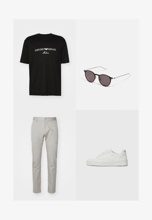 T-shirt en coton noir avec un col rond, des manches courtes et le logo "EMPORIO ARMANI" en blanc au-dessus de "Milano" dans un design incurvé.; Pantalon en coton gris clair avec une coupe droite, devant plat et sans poches visibles ni ornements. Texture lisse, finition unie.; Baskets en cuir blanc avec une finition lisse, bout arrondi, lacets plats et semelle texturée. Présente un logo discret sur le talon.; Lunettes de soleil noires rondes avec verres sombres et branches en métal fines. Comprend des embouts transparents et des accents argentés au niveau de la charnière. Design minimaliste.