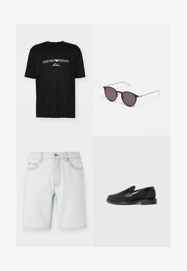 Black cotton T-shirt featuring a round neckline, short sleeves, and "EMPORIO ARMANI" logo in white above "Milano" in a curved design.; Bally Denim shorts - light blue; Black woven slip-on shoe with a smooth leather accent on the upper, a round toe design, and a low-profile rubber sole.; Black round sunglasses with dark lenses and slim metal arms. Includes clear temple tips and silver accents at the hinge. Minimalist design.