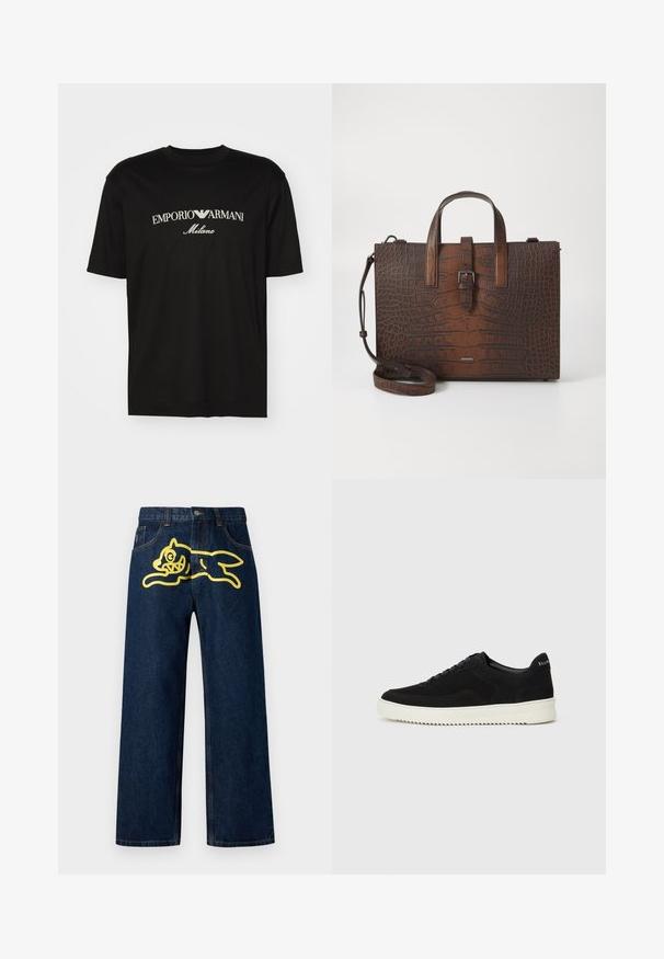 Tricou negru din bumbac cu guler rotund, mâneci scurte și logo-ul "EMPORIO ARMANI" în alb deasupra cuvântului "Milano" într-un design curbat.; Jeans din denim de culoare albastru închis, cu un grafic mare galben al unui personaj care sare pe buzunarul din spate. Design cu picior drept și cusături standard.; Adidași negri din suede cu design cu șireturi și talpă din cauciuc alb contrastant. Prezintă panouri laterale texturate și branding subtil pe toc.; Geantă din piele cu embosare în formă de crocodil, maro, cu mânere superioare și un curea de umăr detașabilă. Dispune de o închidere cu cataramă și o formă rectangulară.