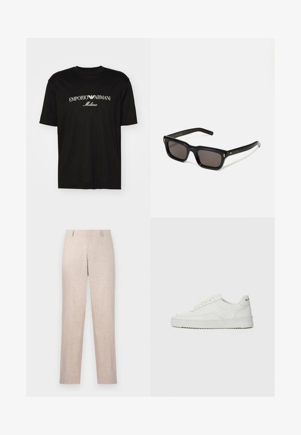 Čierne bavlnené tričko s okrúhlym výstrihom, krátkymi rukávmi a bielym logom "EMPORIO ARMANI" nad textom "Milano" v zakrivenej línii.; Svetlo béžové spoločenské nohavice z textúrovanej tkaniny. Priamy strih s dvoma prednými vreckami a plochým predkom. Bez viditeľného kovania.; Biele kožené tenisky s hladkým povrchom, okrúly špičkový dizajn, ploché šnúrky a textúrovaná podrážka. Obsahujú jemné logo na päte.; Čierne obdĺžnikové slnečné okuliare s tmavými sklami, hrubým plastovým rámom, zlatými detailami na spánkoch a vygravírovaným logom značky na ramene.