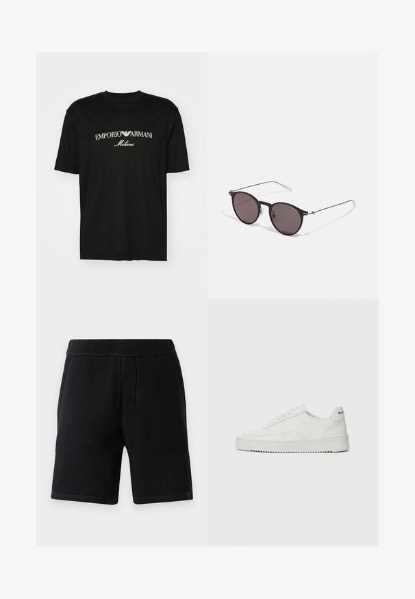 Melnā kokvilnas T-kreklu ar apaļu kakla izgriezumu, īsām piedurknēm un balto "EMPORIO ARMANI" logotipu virs vārda "Milano" izliektā dizainā.; Melnas sporta šortus, kas izgatavoti no mīkstas auduma; tiem ir elastīga josta, divas sānu kabatas un kontrastējoša šuvuma detaļas.; Baltas ādas sneakers ar gludu virsmu, apaļu pirkstu daļu, plakaniem šņorēm un teksturētu zoli. Satur diskrētu logotipu uz papēža.; Melni apaļi saulesbrilles ar tumšiem lēca un plānām metāla stangām. Iekļautas caurspīdīgas tempļu galviņas un sudraba akcenti pie eņģes. Minimalistisks dizains.