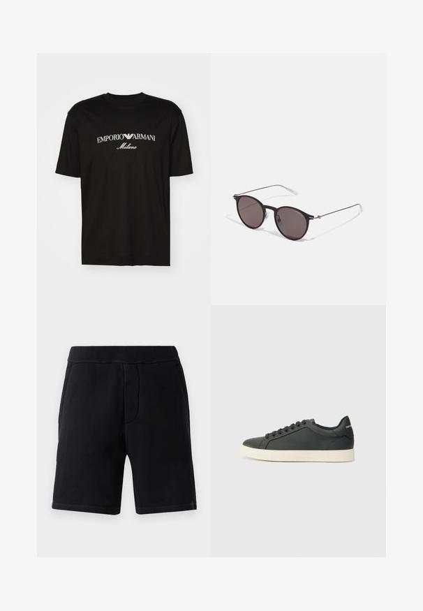 T-shirt en coton noir avec un col rond, des manches courtes et le logo "EMPORIO ARMANI" en blanc au-dessus de "Milano" dans un design incurvé.; Shorts de sport noirs en matériau doux ; dotés d'une taille élastique, de deux poches latérales et de surpiqûres contrastantes.; Baskets en cuir noir avec un profil bas, bout rond et fermeture lacée ; elles présentent une semelle en caoutchouc texturée et un détail de logo au niveau du talon.; Lunettes de soleil noires rondes avec verres sombres et branches en métal fines. Comprend des embouts transparents et des accents argentés au niveau de la charnière. Design minimaliste.