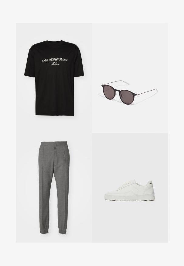 Black cotton T-shirt featuring a round neckline, short sleeves, and "EMPORIO ARMANI" logo in white above "Milano" in a curved design.; Paul Smith TROUSER - Trousers - light grey; White leather sneaker with a smooth finish, round toe, flat laces, and a textured sole. Features a subtle logo on the heel.; Black round sunglasses with dark lenses and slim metal arms. Includes clear temple tips and silver accents at the hinge. Minimalist design.