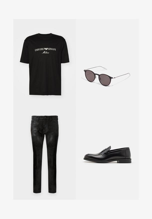 T-shirt en coton noir avec un col rond, des manches courtes et le logo "EMPORIO ARMANI" en blanc au-dessus de "Milano" dans un design incurvé.; Pantalons slim noirs avec une texture lisse et brillante, dotés de poches avant, d'une fermeture à un bouton et de détails de couture subtils.; Mocassins en cuir noir avec une texture lisse, bout rond et une sangle décorative sur le dessus. Talon bas empilé, design minimaliste.; Lunettes de soleil noires rondes avec verres sombres et branches en métal fines. Comprend des embouts transparents et des accents argentés au niveau de la charnière. Design minimaliste.