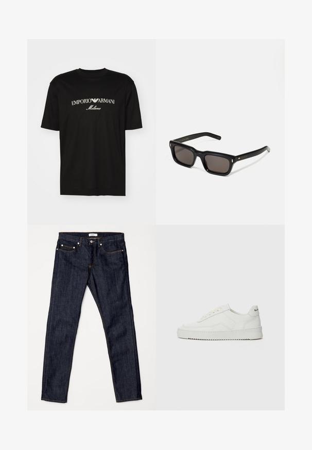 Camiseta de algodón negra con cuello redondo, mangas cortas y el logo de "EMPORIO ARMANI" en blanco sobre "Milano" en un diseño curvado.; Vaqueros de mezclilla azul oscuro con un diseño de pierna recta, que cuentan con una altura media, costuras naranjas en contraste y una configuración clásica de cinco bolsillos.; Zapatilla de cuero blanca con un acabado suave, puntera redonda, cordones planos y suela texturizada. Cuenta con un sutil logo en el talón.; Gafas de sol rectangulares negras con lentes oscuros, marco de plástico grueso, acentos dorados en las patillas y logotipo de la marca grabado en el brazo.