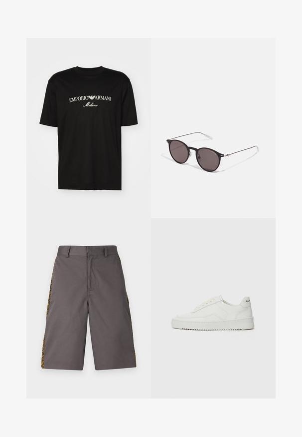 Schwarzes Baumwoll-T-Shirt mit Rundhalsausschnitt, kurzen Ärmeln und dem "EMPORIO ARMANI"-Logo in Weiß über dem geschwungenen Schriftzug "Milano".; Graue Shorts aus einem glatten Stoff, mit seitlichen Leopardenmuster-Panels, flachem Frontbereich und normalem Bund.; Weiße Ledersneaker mit glatter Oberfläche, runder Zehenpartie, flachen Schnürsenkeln und strukturiertem Sohlenprofil. Mit einem dezenten Logo an der Ferse.; Schwarze runde Sonnenbrille mit dunklen Gläsern und schlanken Metallbügeln. Enthält klare Tempelspitzen und silberne Akzente am Scharnier. Minimalistisches Design.