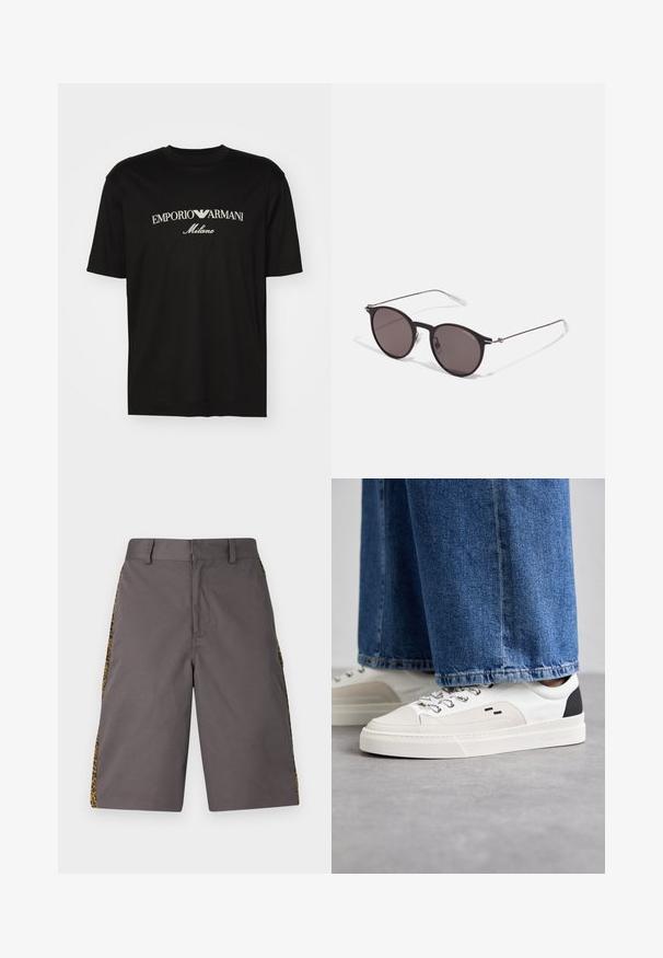 T-shirt in cotone nero con scollatura rotonda, maniche corte e logo "EMPORIO ARMANI" in bianco sopra "Milano" in una disposizione curva.; Pantaloni corti grigi realizzati in un tessuto liscio, con pannelli laterali a stampa leopardo, con un davanti piatto e una waistband standard.; Sneaker bianche e nere con parte superiore in pelle liscia, dettagli testurizzati e suola bianca spessa. Presentano un classico design con lacci.; Occhiali da sole neri rotondi con lenti scure e sottili bracci in metallo. Include punte trasparenti e accenti argentati alla cerniera. Design minimalista.