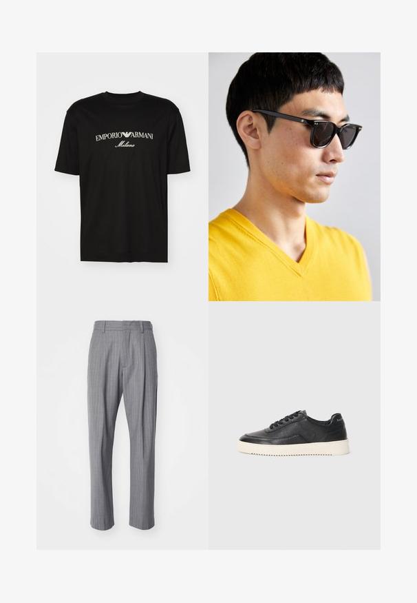 Black cotton T-shirt featuring a round neckline, short sleeves, and "EMPORIO ARMANI" logo in white above "Milano" in a curved design.; NN.07 KAY - Trousers - grey; Black leather sneaker with textured finish, round toe, and flat white rubber sole. Features black laces and branding on the heel.; Sunglasses with black frames and dark lenses. Notable details include small gold accents on the hinges and a rectangular shape.