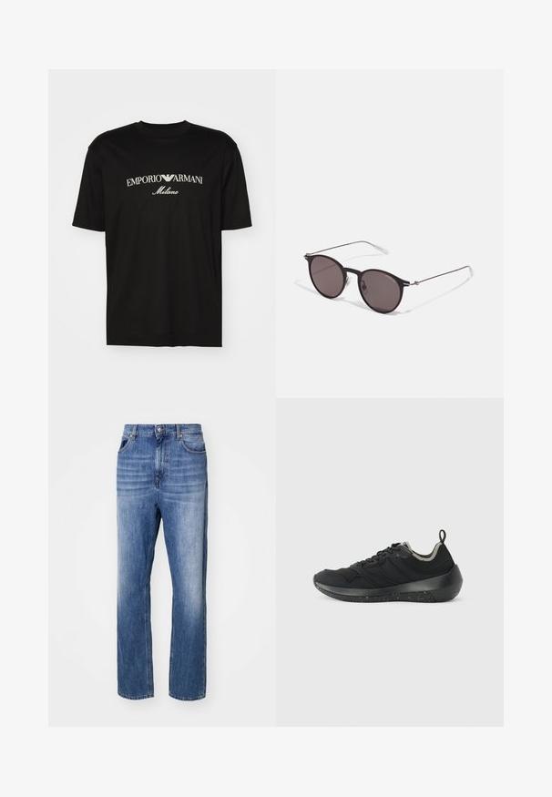 Musta puuvillapaita, jossa on pyöreä kaula-aukko, lyhyet hihat ja valkoinen "EMPORIO ARMANI" -logo, jonka yläpuolella on kaarevassa muodossa "Milano".; Siniset farkut suoran lahkeen muotoilulla. Varustettu napilla ja vetoketjulla, viidellä taskulla sekä haalistuneella pesulla rakenteen lisäämiseksi.; Emporio Armani Matalavartiset tennarit - navy/black; Musta pyöreä aurinkolasit tummilla linsseillä ja kapeilla metallikehyksillä. Sisältää kirkkaat temppelet ja hopeiset yksityiskohdat saranassa. Minimalistinen muotoilu.