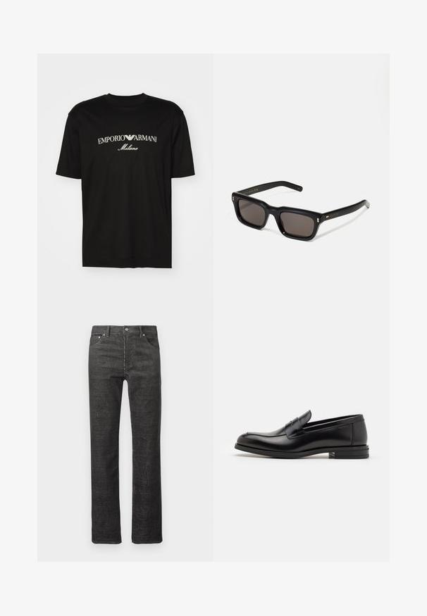 Black cotton T-shirt featuring a round neckline, short sleeves, and "EMPORIO ARMANI" logo in white above "Milano" in a curved design.; Black corduroy straight-leg jeans with front and back pockets, belt loops, and button closure on white background.; Black leather loafers with a smooth texture, rounded toe, and a decorative strap across the vamp. Low stacked heel, minimalist design.; Black rectangular sunglasses with dark lenses, thick plastic frame, gold accents on temples, and brand logo engraved on the arm.