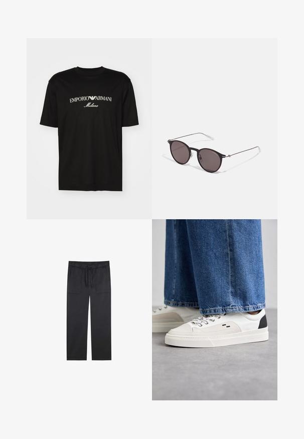 Schwarzes Baumwoll-T-Shirt mit Rundhalsausschnitt, kurzen Ärmeln und dem "EMPORIO ARMANI"-Logo in Weiß über dem geschwungenen Schriftzug "Milano".; Schwarze, leichte Hose mit elastischem Bund und verstellbarem Kordelzug. Mit zwei Fronttaschen und geradem Bein.; Weiße und schwarze Sneaker mit einem Obermaterial aus glattem Leder, strukturierten Akzenten und einer massiven weißen Sohle. Verfügt über ein klassisches Schnürdesign.; Schwarze runde Sonnenbrille mit dunklen Gläsern und schlanken Metallbügeln. Enthält klare Tempelspitzen und silberne Akzente am Scharnier. Minimalistisches Design.