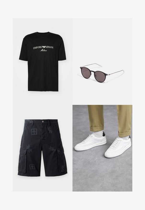 Fekete pamut póló, kerek nyakkal, rövid ujjakkal, rajta fehér "EMPORIO ARMANI" logó, a "Milano" felirattal ívelt formában.; Fekete cargo sort, amely két oldalsó zsebet, gombos záródást és tónusban harmonizáló grafikákat tartalmaz. Texturált anyagból készült.; Fehér sneakers, texturált bőrfelülettel, lekerekített orral és fekete sarokdíszítéssel. Gumi talp, apró bordázattal és varrott részletekkel.; Fekete kerek napszemüveg sötét lencsékkel és karcsú fém szárakkal. Átlátszó szárvégeket és ezüst részleteket tartalmaz az ívnél. Minimalista dizájn.