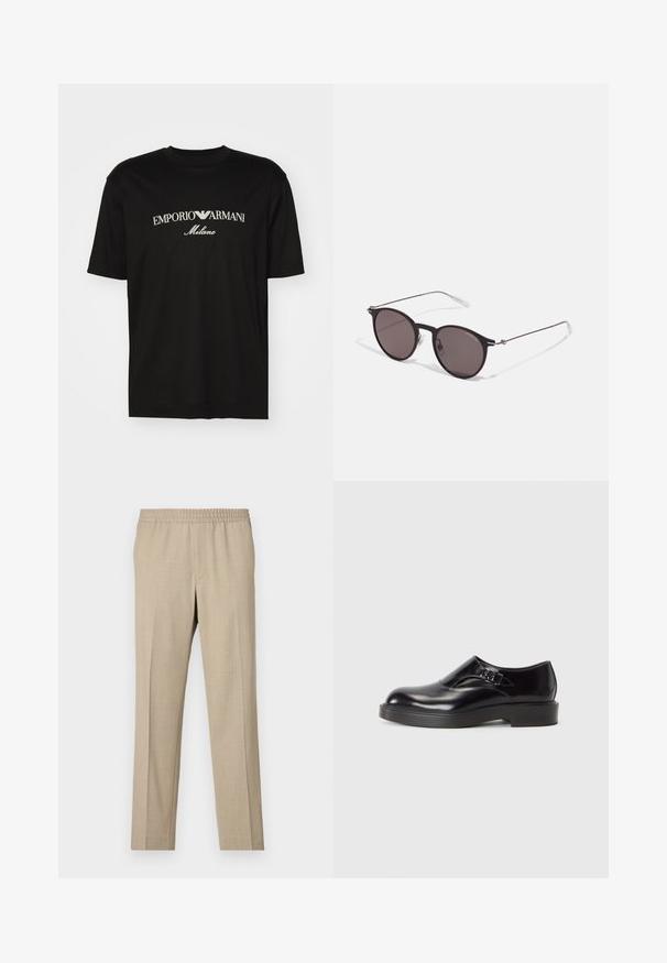 Zwarte katoenen T-shirt met een ronde halslijn, korte mouwen en het "EMPORIO ARMANI" logo in het wit boven "Milano" in een gebogen ontwerp.; Filippa K THEO - Broek - sage melange; Zwarte leren schoen met een ronde neus, lage zwarte hak en een decoratieve band. Gladde textuur met een glanzende afwerking.; Zwarte ronde zonnebril met donkere lenzen en slanke metalen armen. Inclusief heldere tempelpunten en zilveren accenten bij de scharnier. Minimalistisch ontwerp.