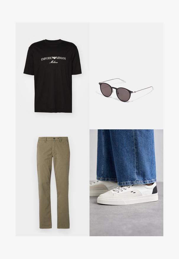 Camiseta de algodón negra con cuello redondo, mangas cortas y el logo de "EMPORIO ARMANI" en blanco sobre "Milano" en un diseño curvado.; Pantalones caqui de algodón, con un diseño de pierna recta, dos bolsillos delanteros y un cierre de botón y cremallera.; Zapatillas blancas y negras con una parte superior de cuero suave, acentos texturizados y una suela blanca gruesa. Presenta un diseño clásico de cordones.; Gafas de sol redondas negras con lentes oscuros y brazos metálicos delgados. Incluye puntas de varilla transparentes y acentos plateados en la bisagra. Diseño minimalista.