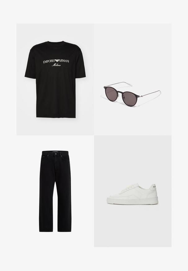 Svart bomull T-shirt med rund halsringning, korta ärmar och "EMPORIO ARMANI" logotyp i vitt ovanför "Milano" i en rundad design.; Svarta denimbyxor med lös passform, med en standard femficksdesign, knappstängning och subtil brodyr av varumärket.; Vita lädersneakers med en jämn yta, rund tå, platta snörningar och en strukturerad sula. Har en diskret logotyp på hälen.; Svarta runda solglasögon med mörka linser och smala metallarmar. Inkluderar klara tempeltips och silverdetaljer vid gångjärnet. Minimalistisk design.