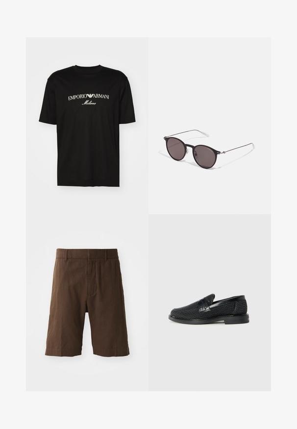 Black cotton T-shirt featuring a round neckline, short sleeves, and "EMPORIO ARMANI" logo in white above "Milano" in a curved design.; Brown linen shorts featuring a relaxed fit, elastic waistband, and straight legs. Smooth texture with a simple, clean design.; Black woven slip-on shoe with a smooth leather accent on the upper, a round toe design, and a low-profile rubber sole.; Black round sunglasses with dark lenses and slim metal arms. Includes clear temple tips and silver accents at the hinge. Minimalist design.