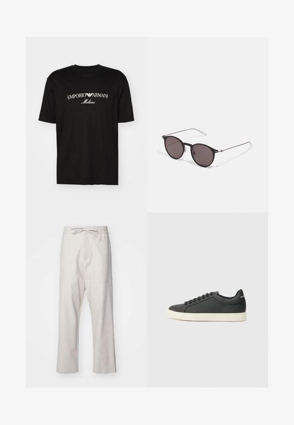 Sort bomulds T-shirt med rund halsudskæring, korte ærmer og "EMPORIO ARMANI" logo i hvid over "Milano" i et buet design.; Linnedresser i lys beige med elastisk talje og snor samt to forlommer. Ret ben-design.; Sort lædersneaker med lav profil, rund tå og snørelukning; har en struktureret gummisål og logo-detalje på hælen.; Sorte runde solbriller med mørke linser og slanke metalarme. Inkluderer klare tempeltips og sølvdetaljer ved hængslet. Minimalistisk design.