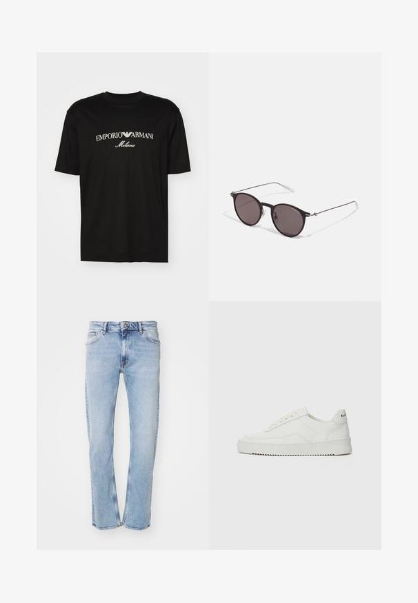 Black cotton T-shirt featuring a round neckline, short sleeves, and "EMPORIO ARMANI" logo in white above "Milano" in a curved design.; Tiger of Sweden Slim fit jeans - dust blue; White leather sneaker with a smooth finish, round toe, flat laces, and a textured sole. Features a subtle logo on the heel.; Black round sunglasses with dark lenses and slim metal arms. Includes clear temple tips and silver accents at the hinge. Minimalist design.