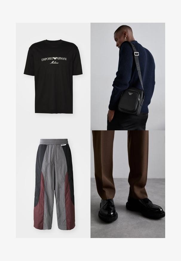 T-shirt en coton noir avec un col rond, des manches courtes et le logo "EMPORIO ARMANI" en blanc au-dessus de "Milano" dans un design incurvé.; Pantalons à large jambe en tissu léger, présentant un design en blocs de couleur noir, gris et bordeaux avec une taille élastique.; Chaussures en cuir noir avec des semelles noires striées, associées à un pantalon ajusté marron en tissu lisse et texturé.; Sac à bandoulière en cuir noir avec un compartiment zippé, détail de logo et une sangle réglable marquée. Porté avec un pull texturé bleu marine.