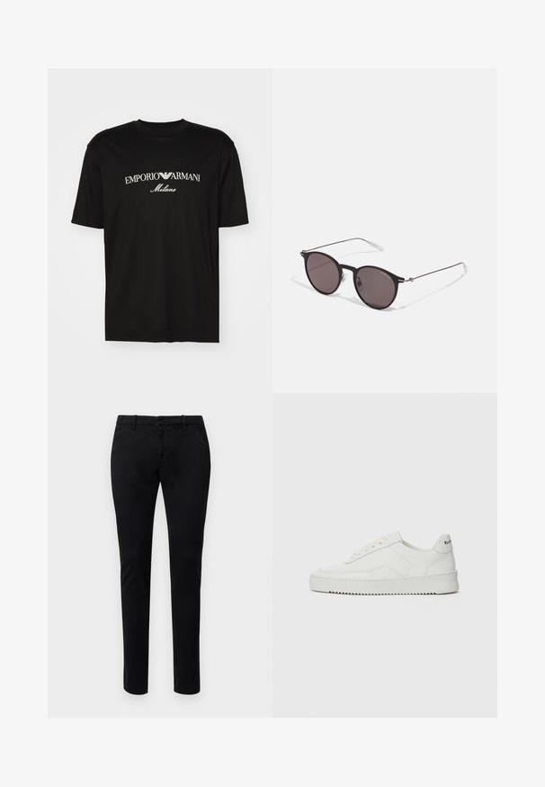 Black cotton T-shirt featuring a round neckline, short sleeves, and "EMPORIO ARMANI" logo in white above "Milano" in a curved design.; Black chinos with a slim fit, made of cotton fabric. Features belt loops, front pockets, and a smooth texture. No visible patterns.; White leather sneaker with a smooth finish, round toe, flat laces, and a textured sole. Features a subtle logo on the heel.; Black round sunglasses with dark lenses and slim metal arms. Includes clear temple tips and silver accents at the hinge. Minimalist design.