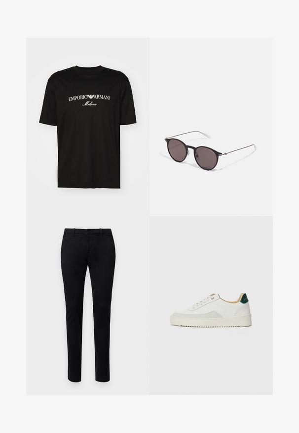 T-shirt en coton noir avec un col rond, des manches courtes et le logo "EMPORIO ARMANI" en blanc au-dessus de "Milano" dans un design incurvé.; Chinos noirs à coupe slim, en tissu de coton. Dotés de passants de ceinture, de poches avant et d'une texture lisse. Aucun motif visible.; Baskets blanches avec des accents en daim, bout arrondi, lacets plats et semelle en caoutchouc crème. Présente une marque verte sur le talon.; Lunettes de soleil noires rondes avec verres sombres et branches en métal fines. Comprend des embouts transparents et des accents argentés au niveau de la charnière. Design minimaliste.