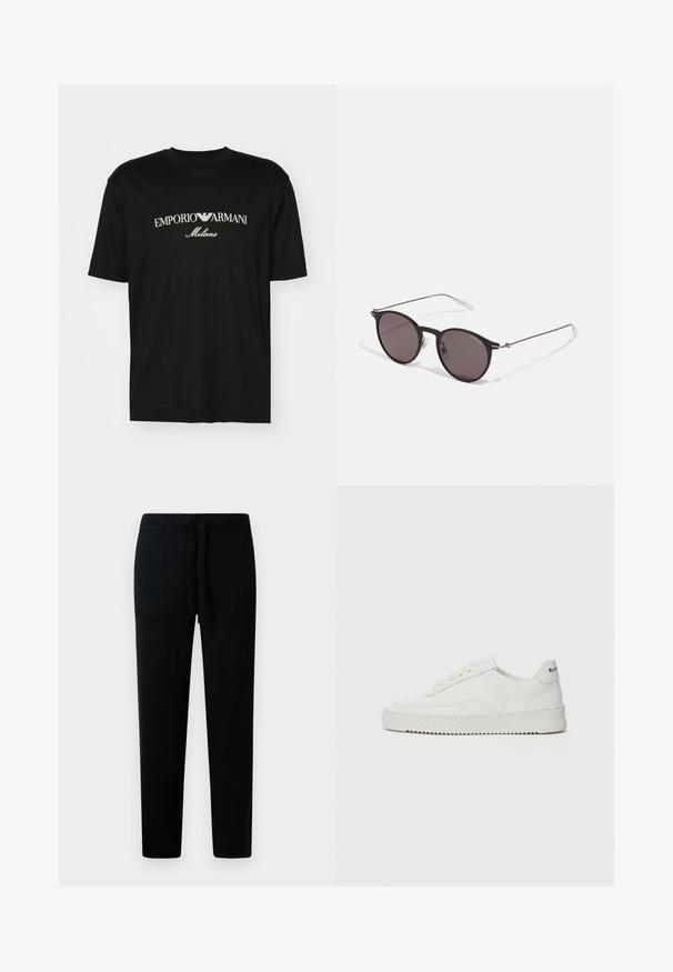 Melnā kokvilnas T-kreklu ar apaļu kakla izgriezumu, īsām piedurknēm un balto "EMPORIO ARMANI" logotipu virs vārda "Milano" izliektā dizainā.; Melnas sporta bikses ar auklu jostasvietā, sašaurinātām kājām un mīkstu tekstūru, piemērotas ikdienišķai vai sportiskai nēsāšanai.; Baltas ādas sneakers ar gludu virsmu, apaļu pirkstu daļu, plakaniem šņorēm un teksturētu zoli. Satur diskrētu logotipu uz papēža.; Melni apaļi saulesbrilles ar tumšiem lēca un plānām metāla stangām. Iekļautas caurspīdīgas tempļu galviņas un sudraba akcenti pie eņģes. Minimalistisks dizains.