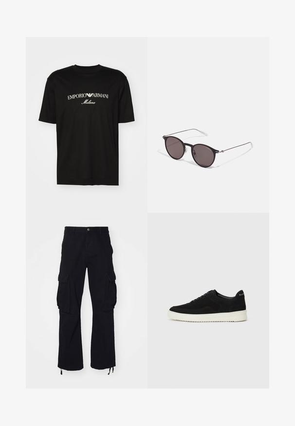 Black cotton T-shirt featuring a round neckline, short sleeves, and "EMPORIO ARMANI" logo in white above "Milano" in a curved design.; Black cargo pants made of cotton, featuring two large side pockets, drawstring hems, and a straight-leg design.; Black suede sneaker with lace-up design and contrasting white rubber sole. Features textured side panels and subtle branding on the heel.; Black round sunglasses with dark lenses and slim metal arms. Includes clear temple tips and silver accents at the hinge. Minimalist design.