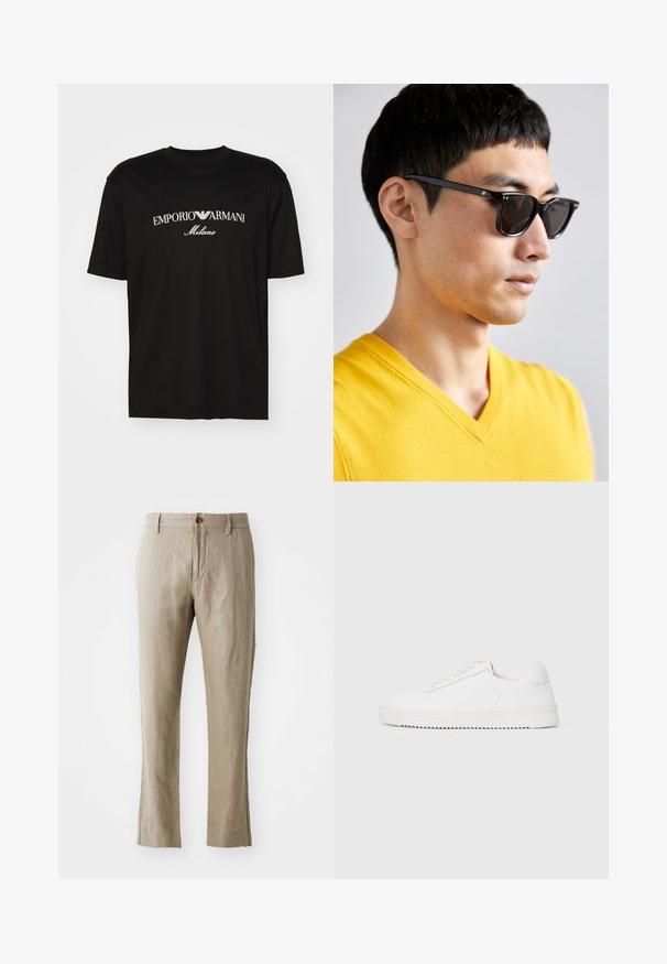 T-shirt de algodão preta com gola redonda, mangas curtas e o logo "EMPORIO ARMANI" em branco acima de "Milano" num design curvo.; Calças de linho bege com corte reto, apresentando um fecho frontal por botão e uma textura suave. Sem padrões ou acentos visíveis.; Sapatilha branca com um cabedal de couro suave, bico arredondado, atacadores, detalhes texturizados nas laterais e uma sola de borracha grossa. Design minimalista.; Óculos de sol com armação preta e lentes escuras. Detalhes notáveis incluem pequenos acabamentos em dourado nas dobradiças e um formato retangular.