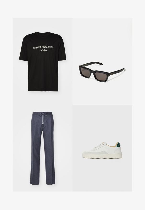 Black cotton T-shirt featuring a round neckline, short sleeves, and "EMPORIO ARMANI" logo in white above "Milano" in a curved design.; LARDINI Trousers - grey; White sneaker with suede accents, rounded toe, flat laces, and a cream rubber sole. Features green branding on the heel.; Black rectangular sunglasses with dark lenses, thick plastic frame, gold accents on temples, and brand logo engraved on the arm.