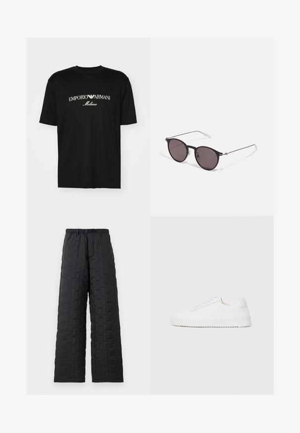 Svart bomulls T-skjorte med rund hals, korte ermer og "EMPORIO ARMANI" logo i hvitt over "Milano" i en buet design.; Sorte quilted bukser med løs pasform, som har et tekstureret mønster, elastisk talje med bælte og to sidelommer.; Hvit sneaker med en glatt skinnoverdel, avrundet tå, snøring, teksturerte sideakenter og en tykkgummisåle. Minimalistisk design.; Sorte, runde solbriller med mørke linser og slanke metalarmer. Inkluderer klare temple tips og sølvfargede detaljer ved hengslet. Minimalistisk design.