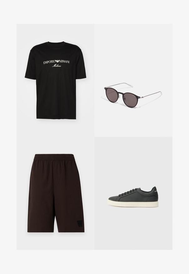 Fekete pamut póló, kerek nyakkal, rövid ujjakkal, rajta fehér "EMPORIO ARMANI" logó, a "Milano" felirattal ívelt formában.; Barna, gumis derekú rövidnadrág oldal zsebekkel, texturált anyagból, és fekete, hímzett logóval a bal lábon.; Fekete bőr sportcipő alacsony profilú, lekerekített orral és fűzős záródással; texturált gumitalppal és logó részlettel a saroknál.; Fekete kerek napszemüveg sötét lencsékkel és karcsú fém szárakkal. Átlátszó szárvégeket és ezüst részleteket tartalmaz az ívnél. Minimalista dizájn.