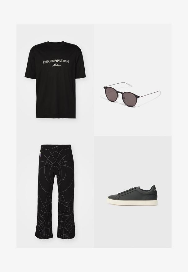 T-shirt en coton noir avec un col rond, des manches courtes et le logo "EMPORIO ARMANI" en blanc au-dessus de "Milano" dans un design incurvé.; Pantalons noirs avec des coutures abstraites blanches. Comprend des poches standard, une fermeture à bouton et une coupe droite. Tissu texturé.; Baskets en cuir noir avec un profil bas, bout rond et fermeture lacée ; elles présentent une semelle en caoutchouc texturée et un détail de logo au niveau du talon.; Lunettes de soleil noires rondes avec verres sombres et branches en métal fines. Comprend des embouts transparents et des accents argentés au niveau de la charnière. Design minimaliste.