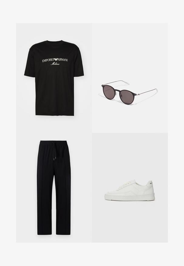 T-shirt in cotone nero con scollatura rotonda, maniche corte e logo "EMPORIO ARMANI" in bianco sopra "Milano" in una disposizione curva.; Pantaloni neri leggeri con vita elastica e cordino, dotati di due pieghe frontali e design a gamba dritta. Texture liscia.; Sneaker in pelle bianca con una finitura liscia, punta rotonda, lacci piatti e suola testurizzata. Presenta un logo discreto sul tallone.; Occhiali da sole neri rotondi con lenti scure e sottili bracci in metallo. Include punte trasparenti e accenti argentati alla cerniera. Design minimalista.