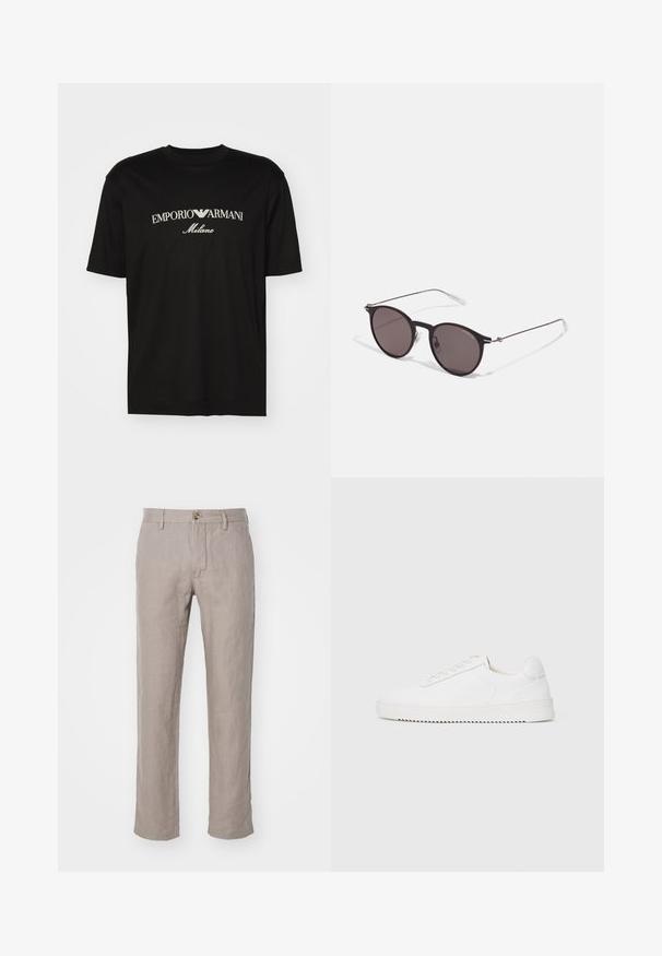 T-shirt en coton noir avec un col rond, des manches courtes et le logo "EMPORIO ARMANI" en blanc au-dessus de "Milano" dans un design incurvé.; NN.07 THEO - Pantalon classique - camel; Sneaker blanc avec une tige en cuir lisse, bout rond, lacets, accents latéraux texturés et une épaisse semelle en caoutchouc. Design minimaliste.; Lunettes de soleil noires rondes avec verres sombres et branches en métal fines. Comprend des embouts transparents et des accents argentés au niveau de la charnière. Design minimaliste.