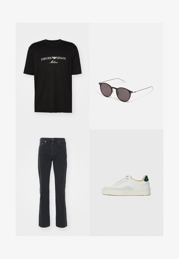 T-shirt en coton noir avec un col rond, des manches courtes et le logo "EMPORIO ARMANI" en blanc au-dessus de "Milano" dans un design incurvé.; Jeans en denim noir avec une coupe droite, comportant cinq poches et une fermeture à bouton. Le tissu a une texture subtile et une finition robuste.; Baskets blanches avec des accents en daim, bout arrondi, lacets plats et semelle en caoutchouc crème. Présente une marque verte sur le talon.; Lunettes de soleil noires rondes avec verres sombres et branches en métal fines. Comprend des embouts transparents et des accents argentés au niveau de la charnière. Design minimaliste.