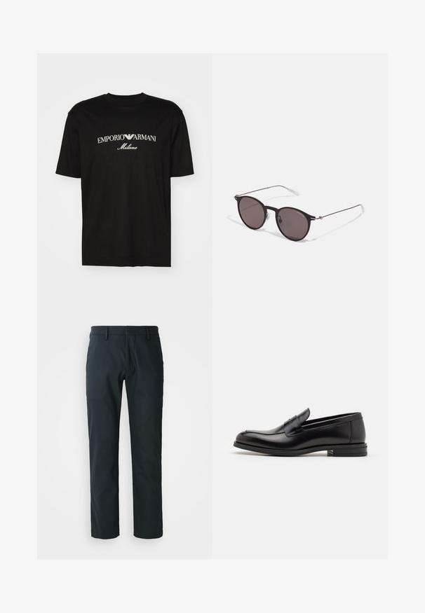 Black cotton T-shirt featuring a round neckline, short sleeves, and "EMPORIO ARMANI" logo in white above "Milano" in a curved design.; Black, straight-leg trousers made from smooth fabric; features belt loops and a flat front design. Side pockets included.; Black leather loafers with a smooth texture, rounded toe, and a decorative strap across the vamp. Low stacked heel, minimalist design.; Black round sunglasses with dark lenses and slim metal arms. Includes clear temple tips and silver accents at the hinge. Minimalist design.